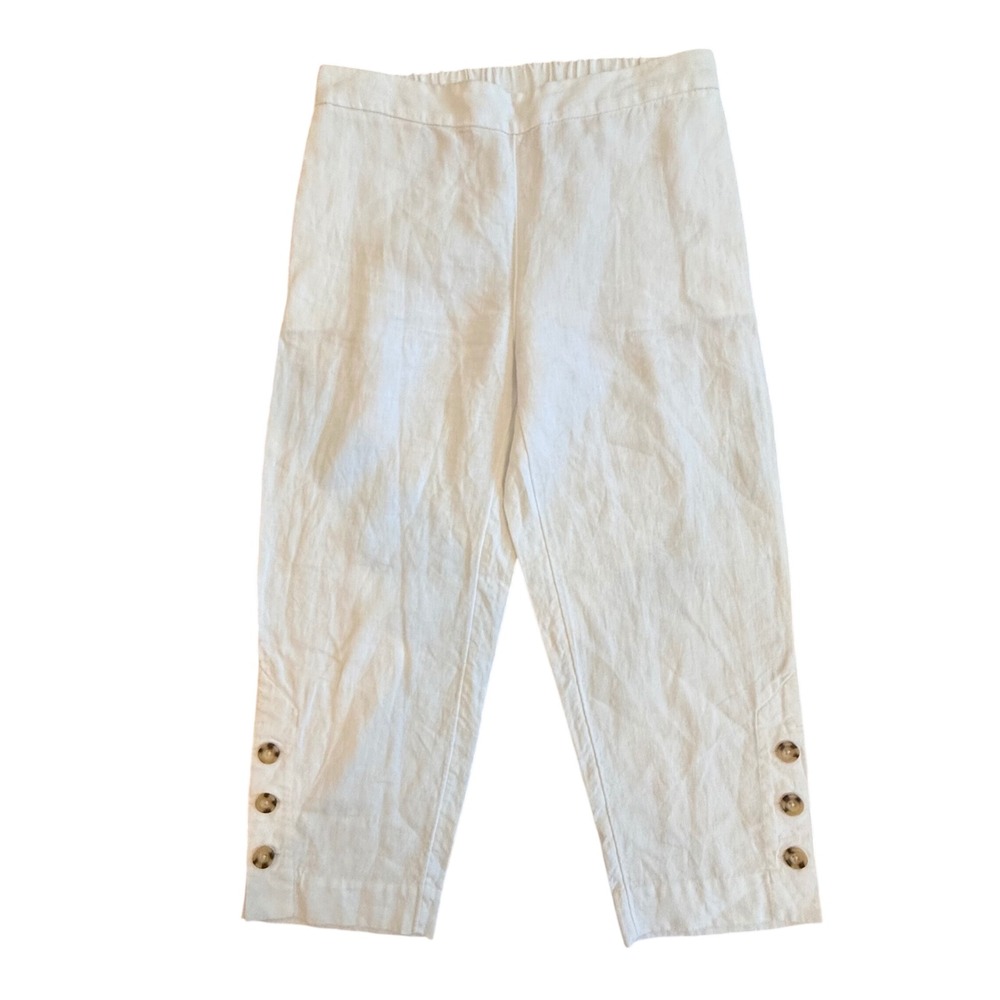 Chico's White 100% Linen Resortwear Cruise Cropped Pants Button Hem Size 00 US 2